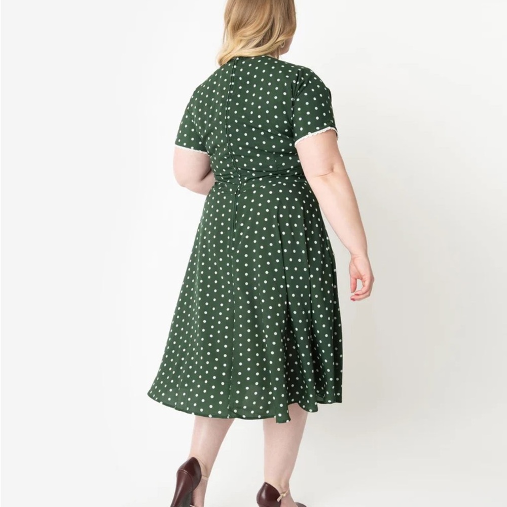 Unique Vintage 1950s Dark Green & White Polka Dot Goldie Swing Dress XS/2 - Picture 3 of 4
